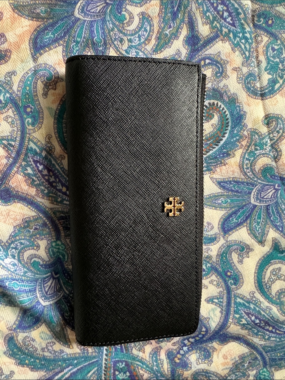 Tory Burch Black Leather Continental Wallet with Gold Logo